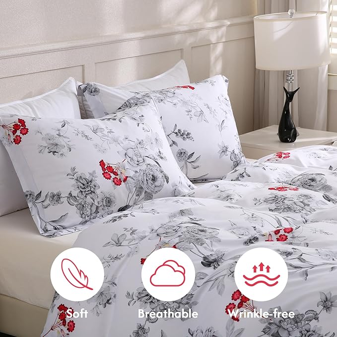 LONAVA Queen Flower 3 Pcs Duvet Cover Set, Breathable Soft Microfiber White - Image 3