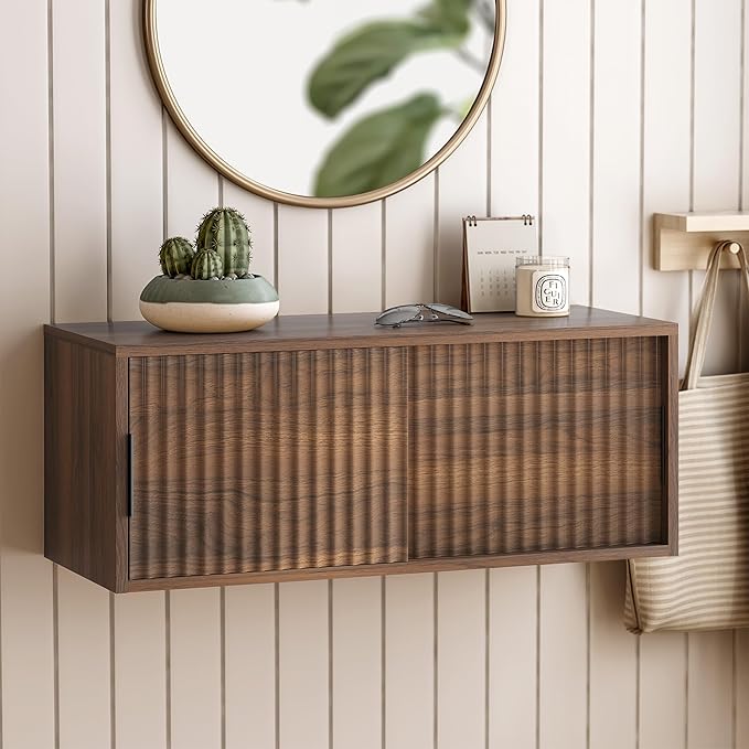 Floating Nightstand with Sliding Doors, Modern Fluted Large Night Stand Storage - Image 6