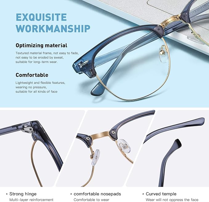 Blue Light Blocking Glasses Vintage Half Frame UV Clear Lens Anti Eyestrain - Image 3