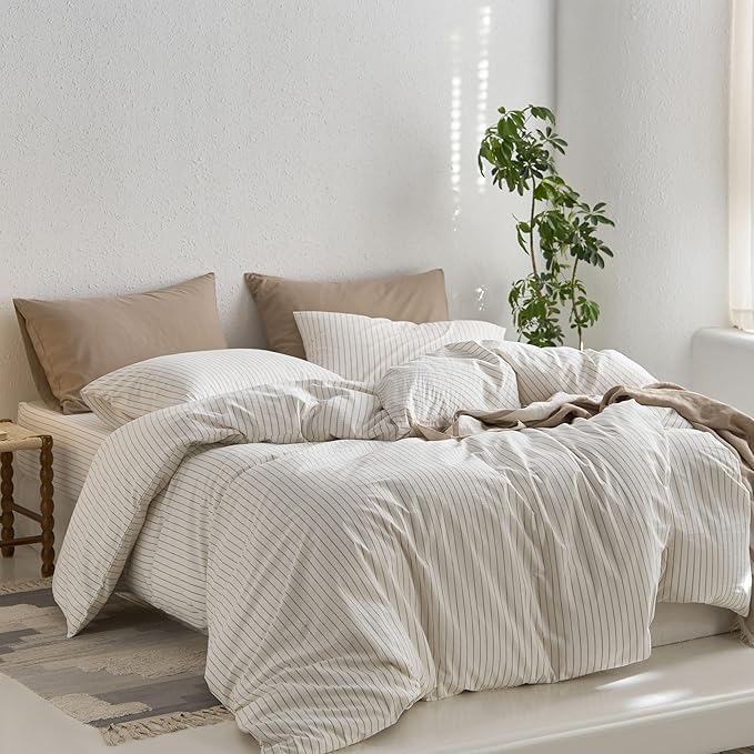 MooMee Striped Duvet Cover Set 100% Washed Cotton Linen Like Textured - Image 3