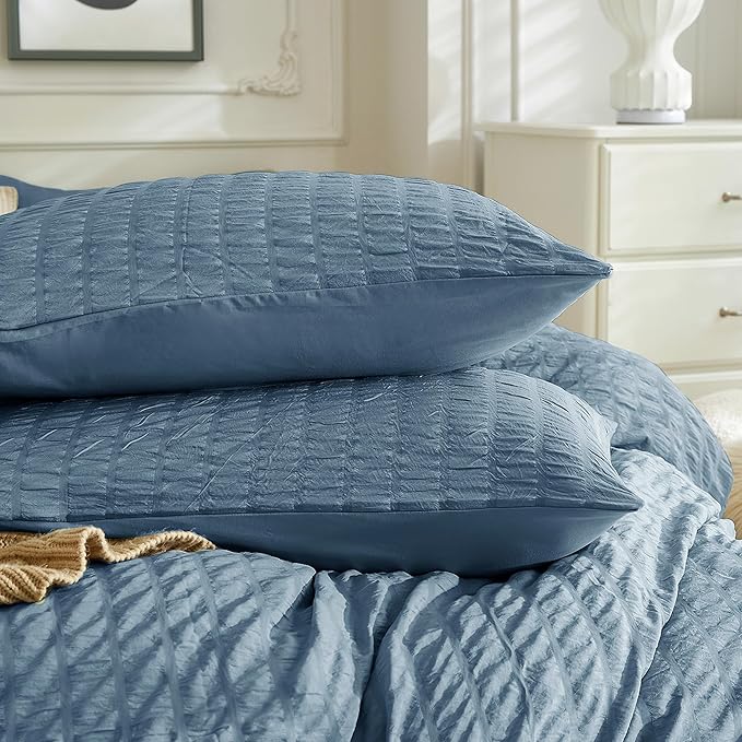 JELLYMONI Sierra Blue Duvet Cover Queen Size, Soft Breathable Seersucker Duvet - Image 6