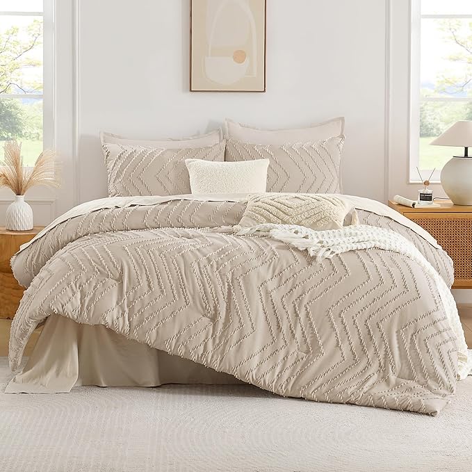 Andency Khaki Comforter Set King Size, Farmhouse Shabby Chic Boho Soft Fluffy - Image 2