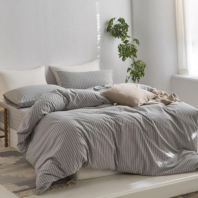 MooMee Striped Duvet Cover Set 100% Washed Cotton Linen Like Textured - Image 3