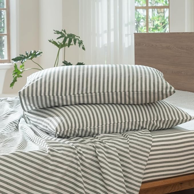 MooMee Striped Duvet Cover Set 100% Washed Cotton Linen Like Textured - Image 9