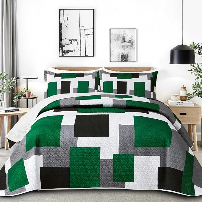 Tyrot 3 Piece Green Quilt Set California King Size Black Grey White Geometric by TyrotHomeDecor