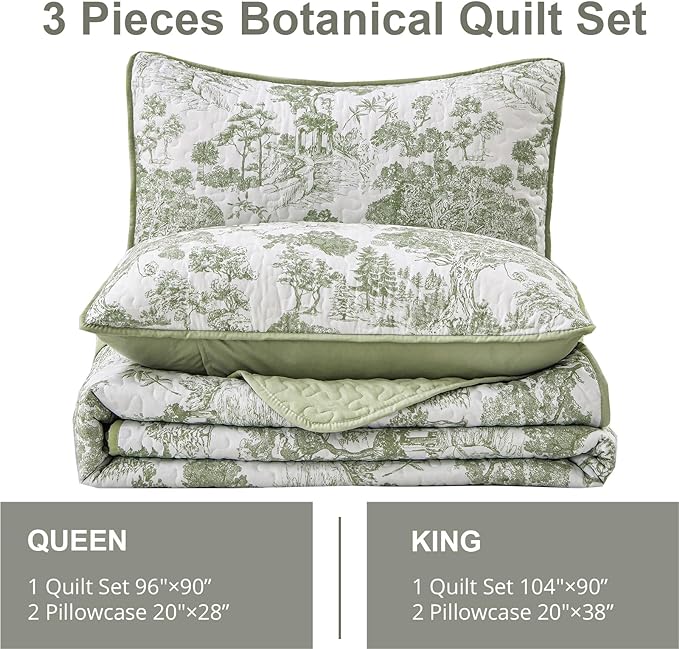 WONGS BEDDING Botanical Quilt Set King, Sage Green 3 Pieces Toile Floral Plants - Image 6