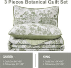 WONGS BEDDING Botanical Quilt Set King, Sage Green 3 Pieces Toile Floral Plants - Image 6