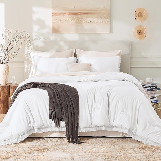 Andency White Comforter Set Twin Size, 2 Pieces Boho Lightweight Tassel Bedding - Image 2