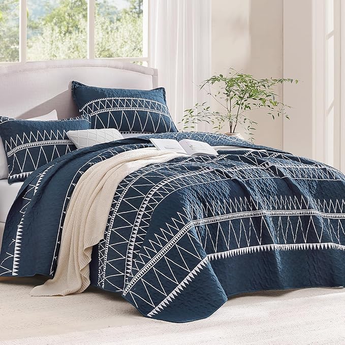 Andency Navy Quilts Queen Size, 3 Pieces Queen Quilt Bedding Set Boho - Image 2