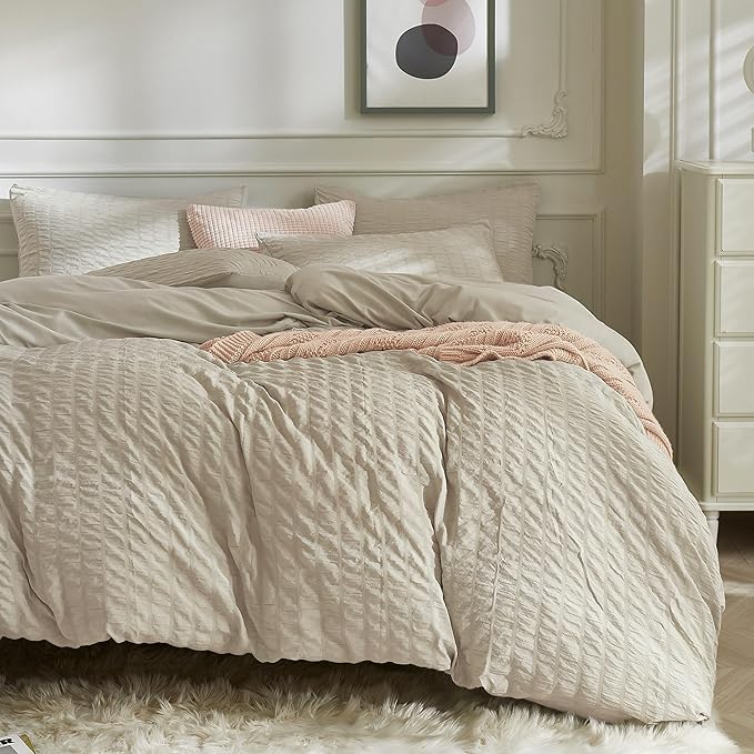 JELLYMONI Light Khaki Duvet Cover King Size, Soft Breathable Seersucker Duvet by JELLYMONI