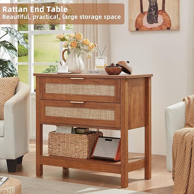 LEYAOYAO 31.5" Wide Rattan Night Stand, Large Boho Nightstand, Bedside Table - Image 7