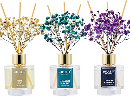 Airkeep Reed Diffuser Set of 3, Clean Linen Ocean Mist&Sea Salt Lavender by Airkeep