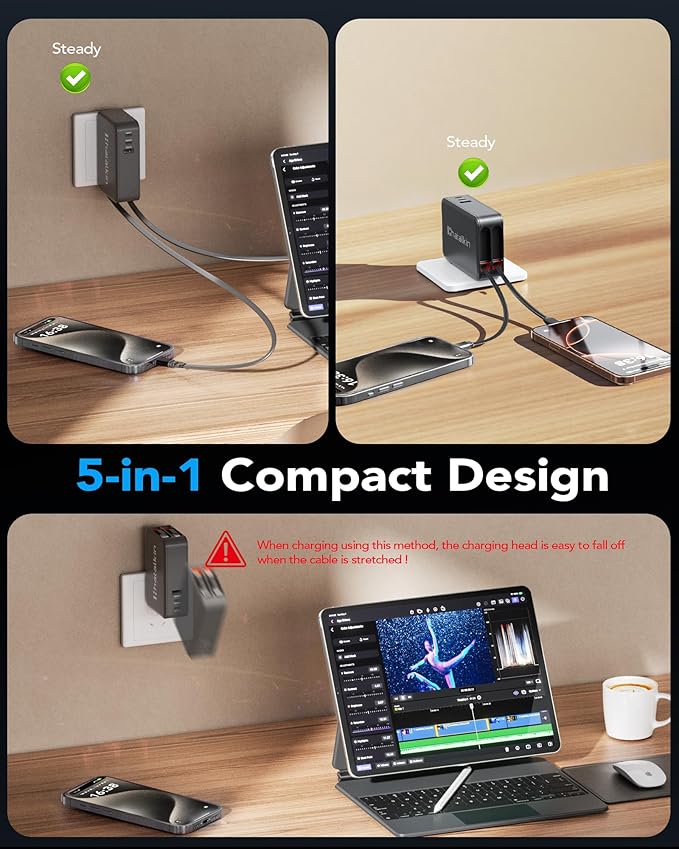 65W for MacBook Pro Charger, 5-in-1 Retractable Wall Charger Plug for iPhone 17 - Image 6