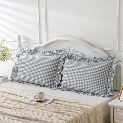 2 Pack Blue White Plaid Gingham Ruffle Pillow Shams Standard Size 20x26 inches - Image 2