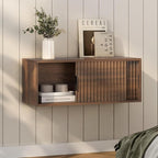 Floating Nightstand with Sliding Doors, Modern Fluted Large Night Stand Storage by EYYTHUNG