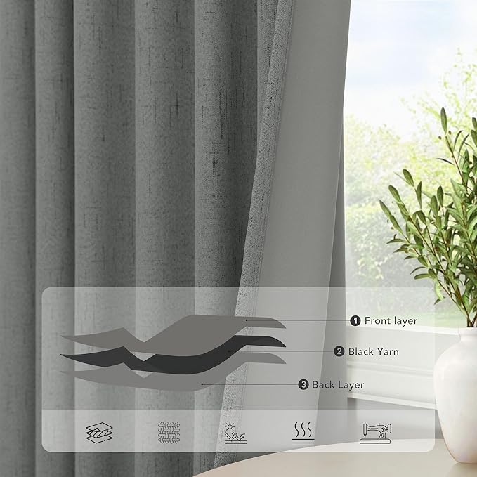 Thick Blackout Curtains for Living Room 2 Panels Set 90 Inches Long Faux Linen - Image 5