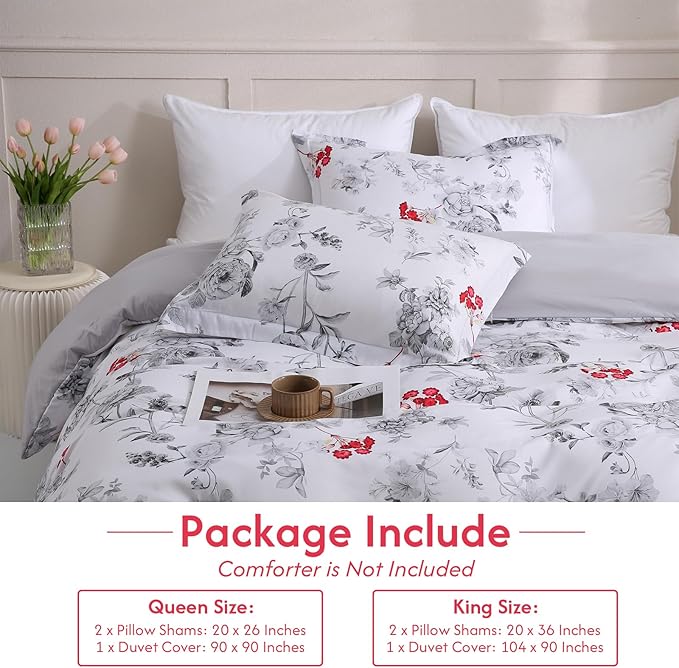 LONAVA Queen Flower 3 Pcs Duvet Cover Set, Breathable Soft Microfiber White - Image 6