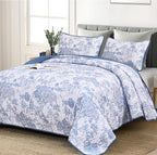 WONGS BEDDING Blue Quilt Set Queen Size, 3 Pieces Botanical Bedspreads Set by WONGSBEDDING