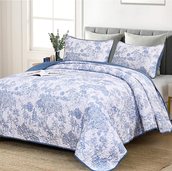 WONGS BEDDING Blue Quilt Set King Size, 3 Pieces Botanical Bedspreads Set by WONGSBEDDING