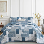 Xruibed Blue Boho Quilt Set Queen Size, 3 Pieces Plaid Floral Bedspread by Xruibed
