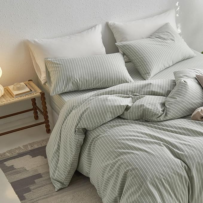 MooMee Striped Duvet Cover Set 100% Washed Cotton Linen Like Textured - Image 4