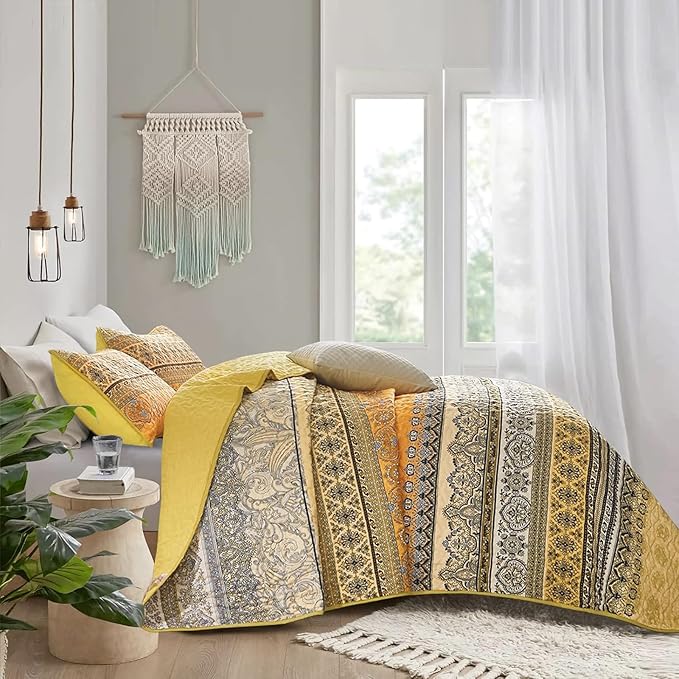 WONGS BEDDING Yellow Orange Bohemian King Quilt, Boho Quilt King Size, - Image 4