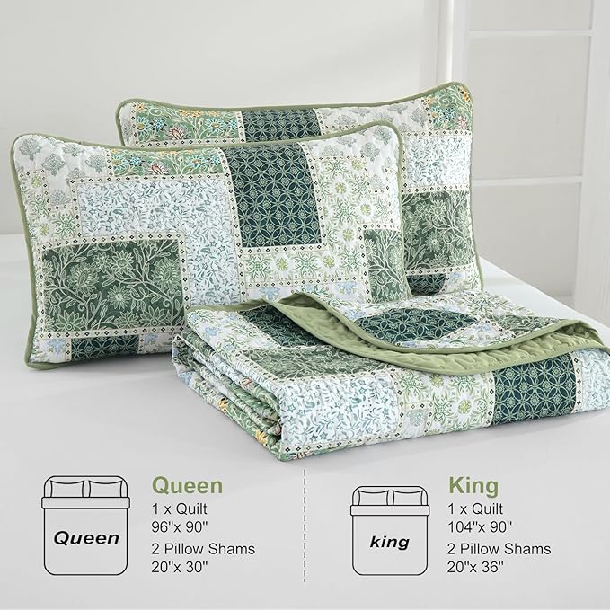 Xruibed Patchwork Quilt Set King Size 3 Pieces Plaid Floral Bedspread Coverlet - Image 7
