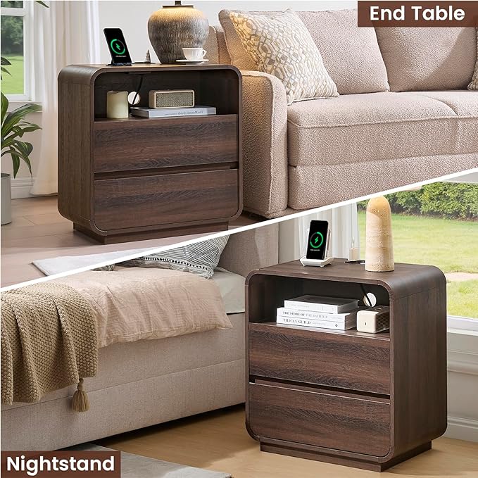 Modern Walnut Nightstand, 2 Storage Drawers Side Table Curved Profile, - Image 6