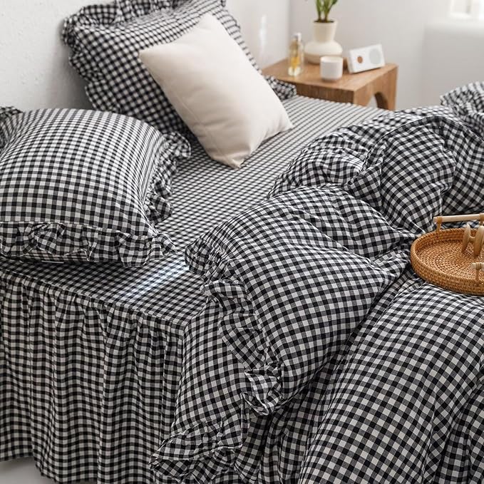 MKXI Black and White Gingham Duvet Cover Twin, 3-Piece Ruffled Bedding Set - Image 2