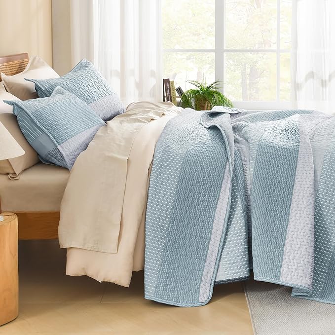 Litanika Quilt Queen Size Spa Blue, Stripe Patchwork Summer Bedspread Coverlet - Image 2