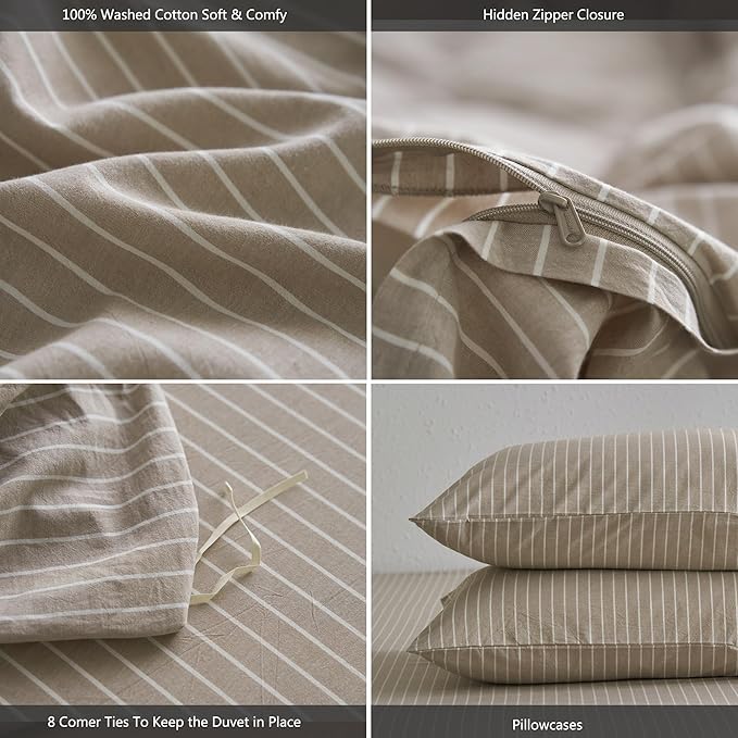 MooMee Striped Duvet Cover Set 100% Washed Cotton Linen Like Textured - Image 6