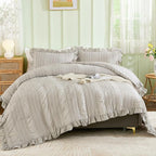 WONGS BEDDING Grey Textured Comforter Set Queen, 3 Pieces Ruffle Farmhouse by WONGSBEDDING