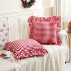 2 Pack Red/White Plaid Ruffled Throw Pillow Sham 20 x20 inches, Washed Cotton - Image 2
