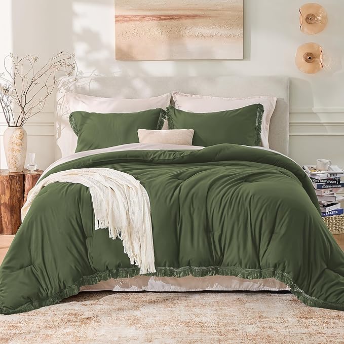 Andency Olive Green Comforter Set King, 3 Pieces Boho Tassel Lightweight - Image 2