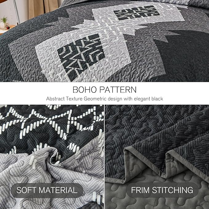 Dintszyayue Boho Queen Quilt Set 3 Pieces Black Grey Aztec Texture Bedspread - Image 4