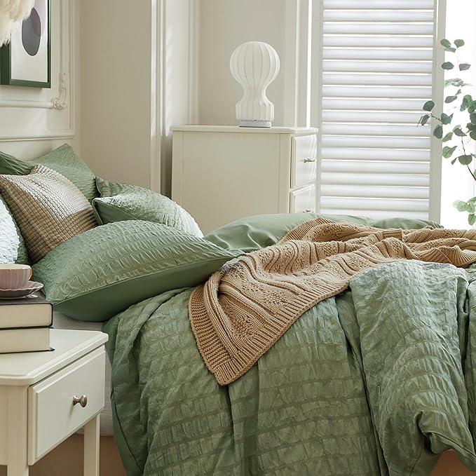 JELLYMONI Dark Green Duvet Cover Twin Size, Soft Breathable Seersucker Duvet - Image 7