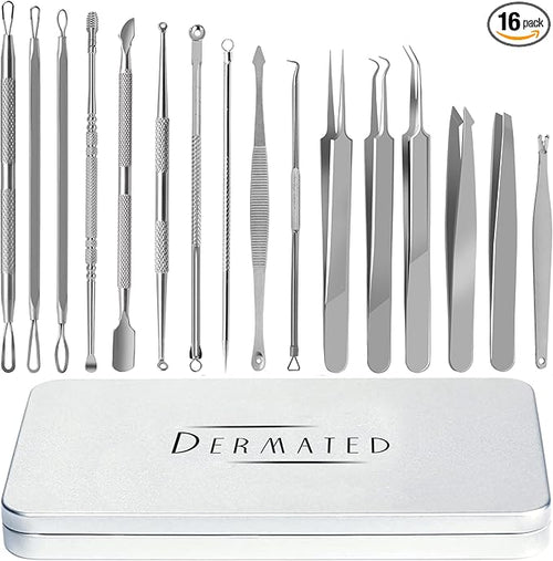 16 Pcs Blackhead Remover Tools 410 Grade Stainless Steel | Pimple Popper Tool by Dermated