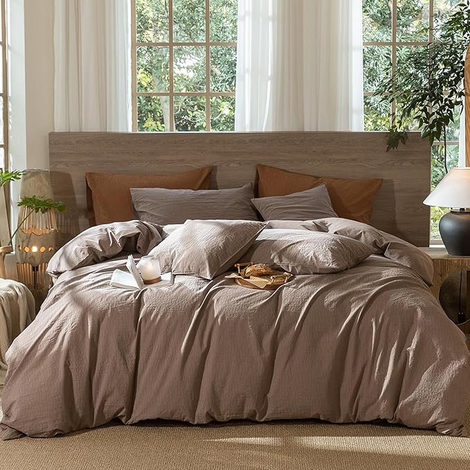 MooMee Wavy Striped Duvet Cover Set 100% Washed Cotton Linen Like Textured by MOOMEE