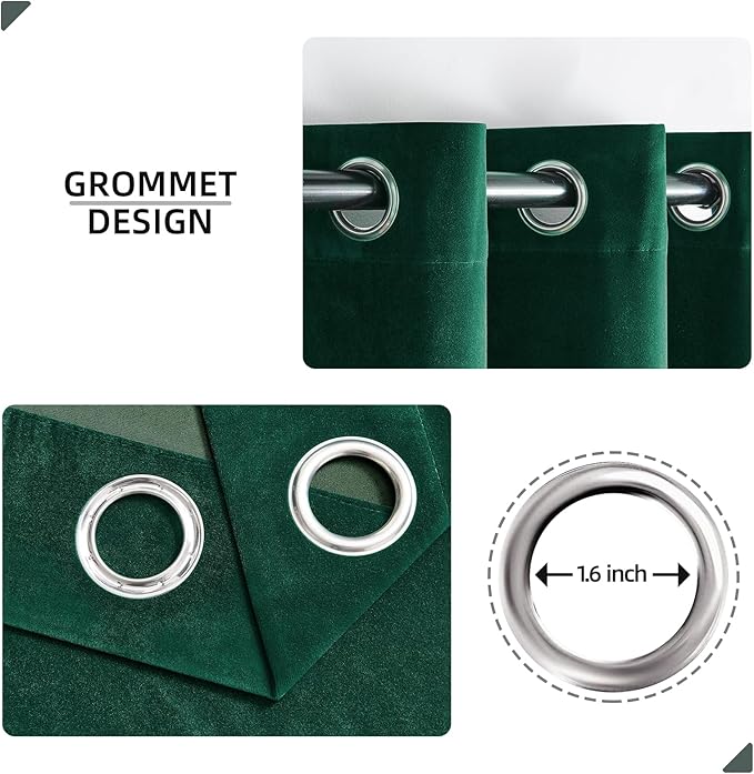 Joydeco Dark Green Velvet Curtains 63 Inches Long, Luxury Grommet Blackout - Image 2