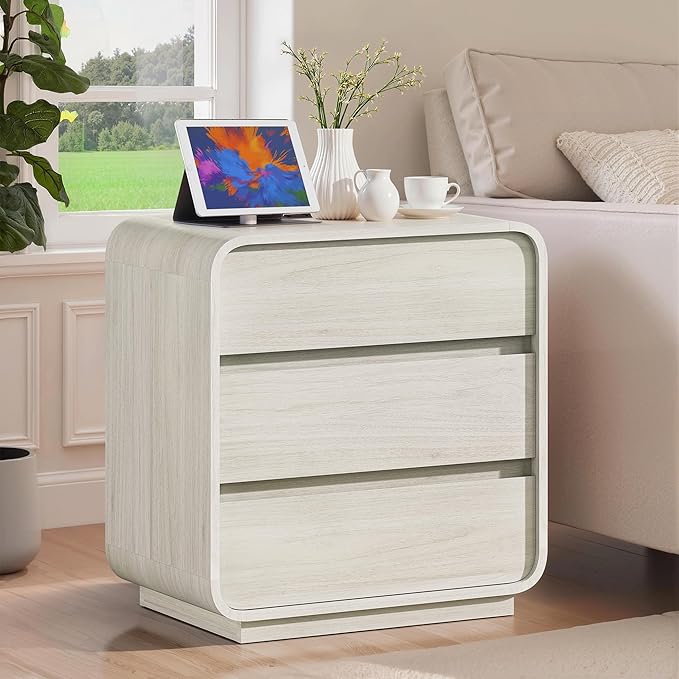 White Nightstand Set of 2 with Charging Station, 23.2" Wide Wood Night Stand - Image 2