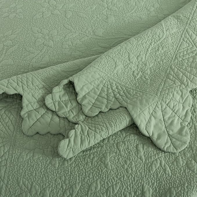 Brandream Premium Sage Green Cotton Quilt Set Queen Size Floral Vine Stitching - Image 7
