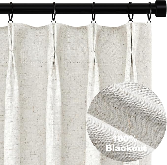 Topfinel 100% Blackout Linen Curtains 80 Inch Length, Pinch Pleated Oatmeal by Topfinel