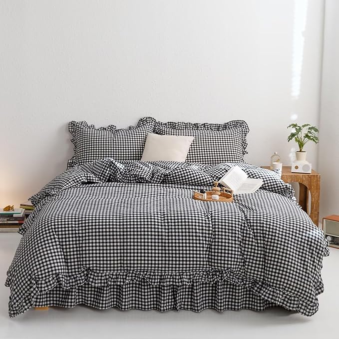 MKXI Black and White Gingham Duvet Cover Full, 3-Piece Ruffled Bedding Set - Image 5