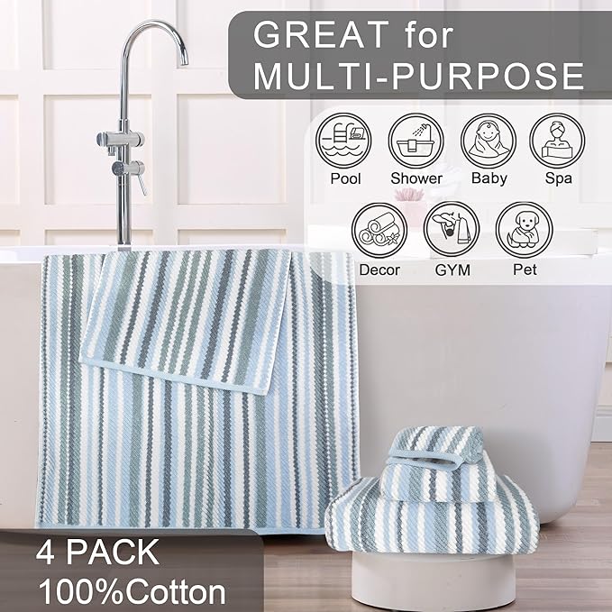 Blue Striped Towels Set of 3, 100% Cotton, Quick Dry, Soft & Absorbent Luxury - Image 6