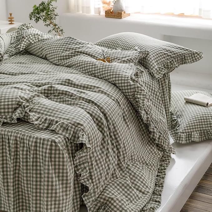 MKXI Sage Green Gingham Duvet Cover King, 3-Piece Ruffled Bedding Set - Image 5