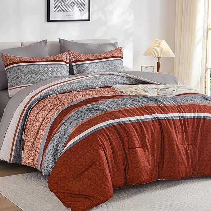 WONGS BEDDING 7 Pieces Comforter Set King Size, Burnt Orange Bed in a Bag by WONGSBEDDING
