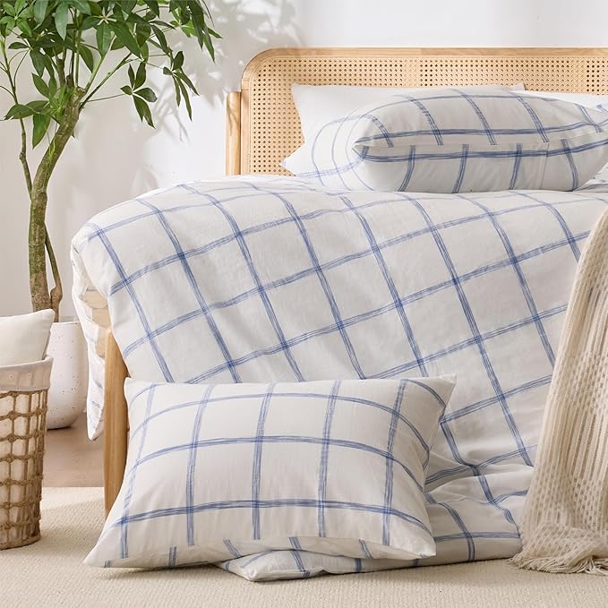 Blue Plaid Duvet Cover King, 100% Soft Washed Cotton King Size Duvet Cover Set - Image 9