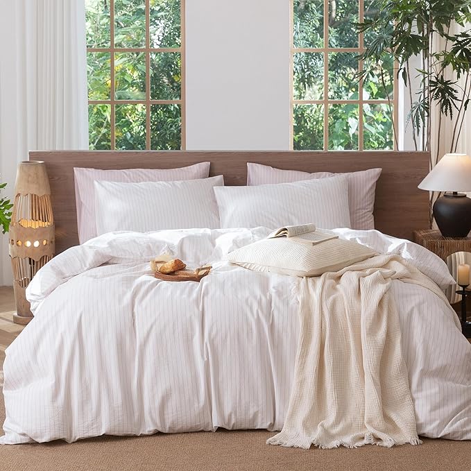 MooMee Striped Duvet Cover Set 100% Washed Cotton Linen Like Textured by MOOMEE