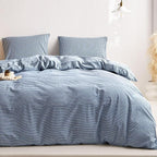 Wake In Cloud - Striped Cotton Duvet Cover Set, 100% Washed Cotton Textured - Image 3