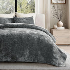 EVERGRACE Velvet Quilt Set King Size, Luxurious Soft Striped Channel Bedding Set - Image 7